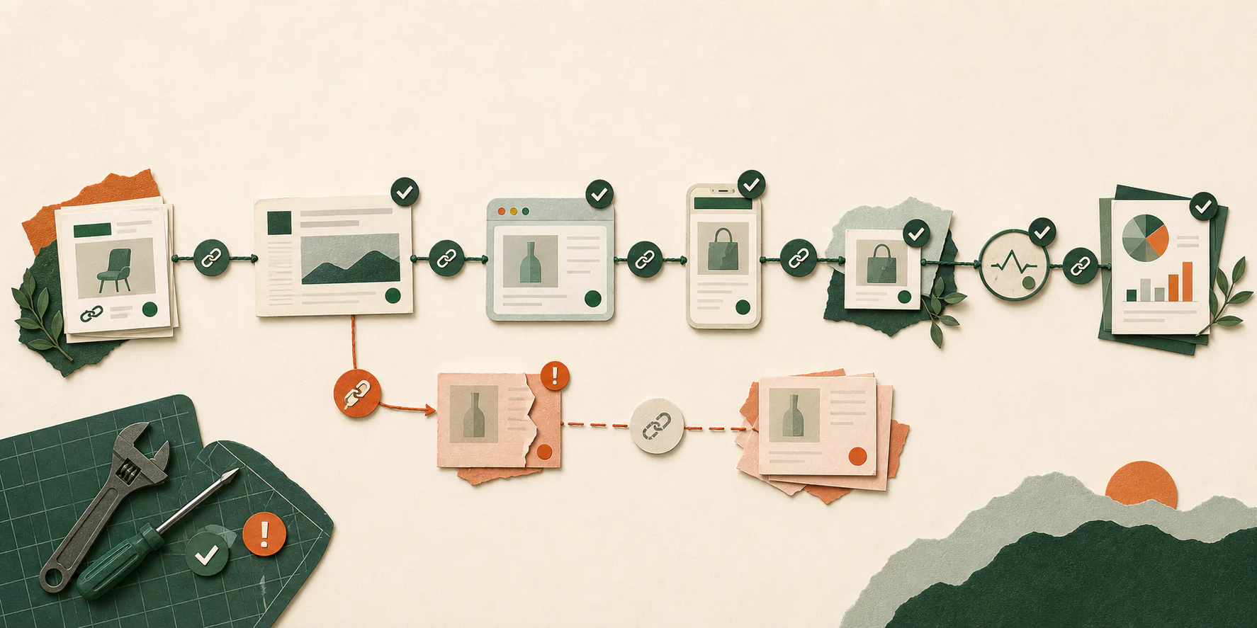 Paper-collage illustration of a product link moving through editorial, browser, mobile, destination, monitoring, and reporting checkpoints, with one broken side route.