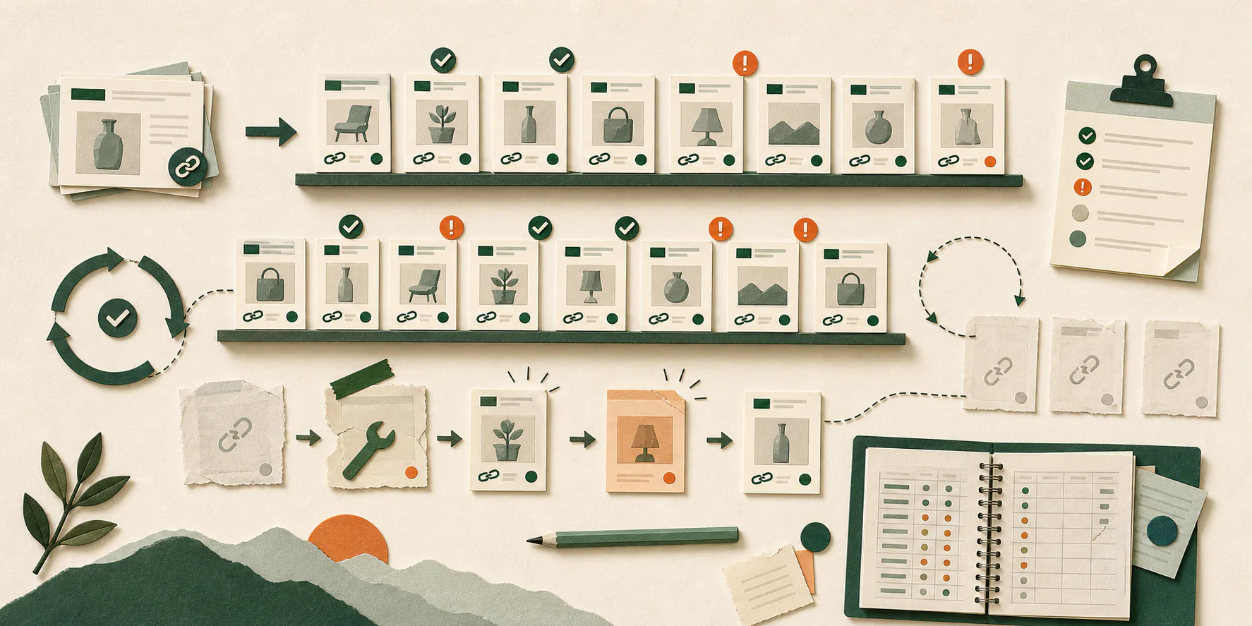 Paper-collage illustration of a growing product-link catalog with recurring checks, repair alerts, replacement cards, and a maintenance ledger.
