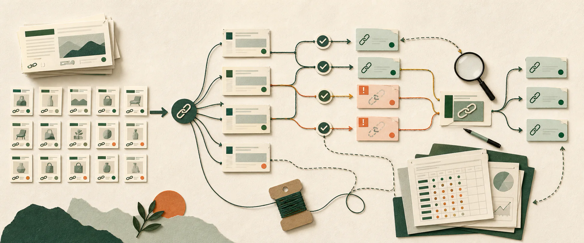Editorial illustration mapping published product links through monitoring, broken destinations, reports, and repaired routes.