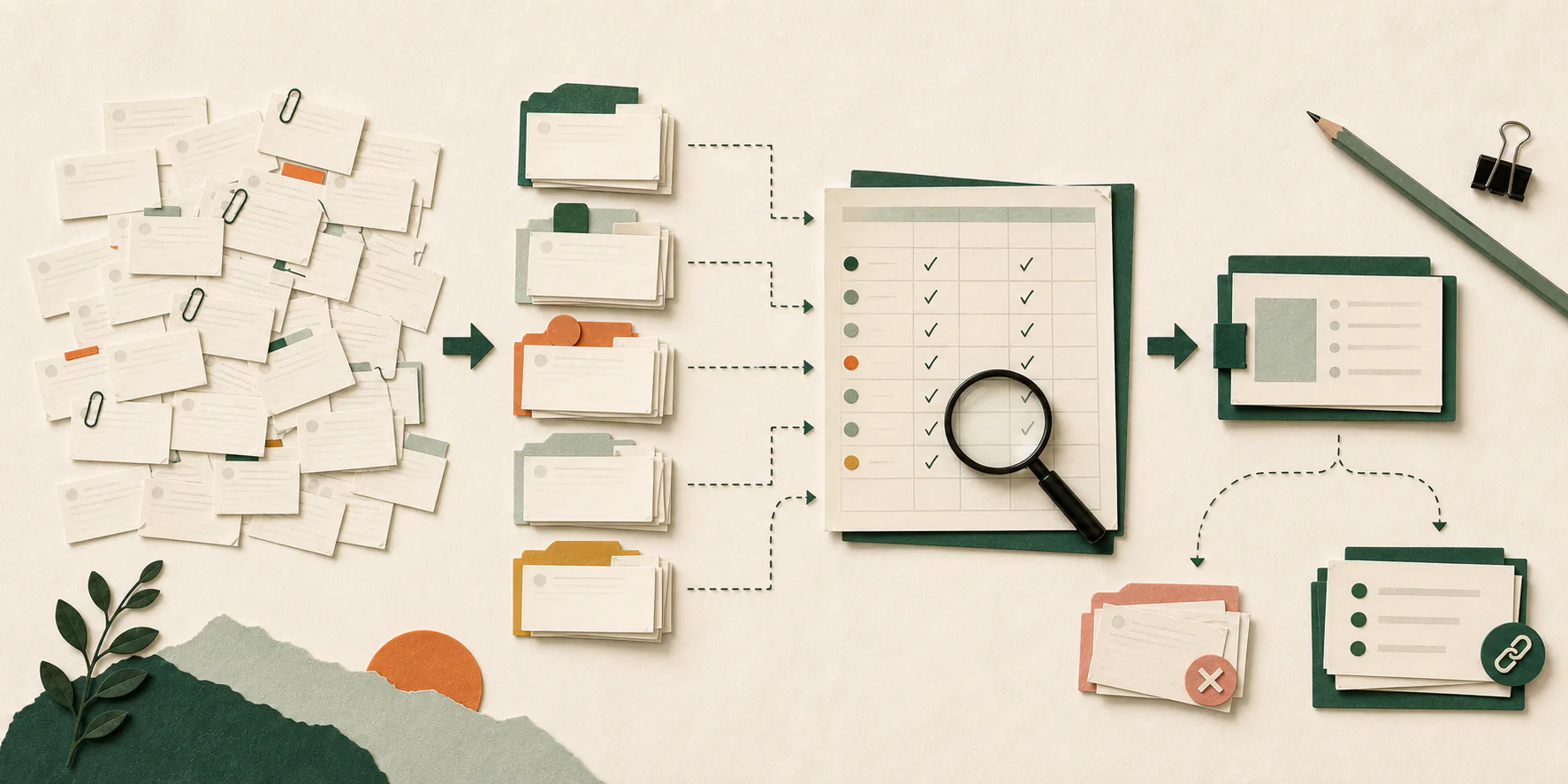 Editorial illustration of public discussion cards being grouped into five coded themes, checked against a source ledger, and summarized with exclusions kept separate.