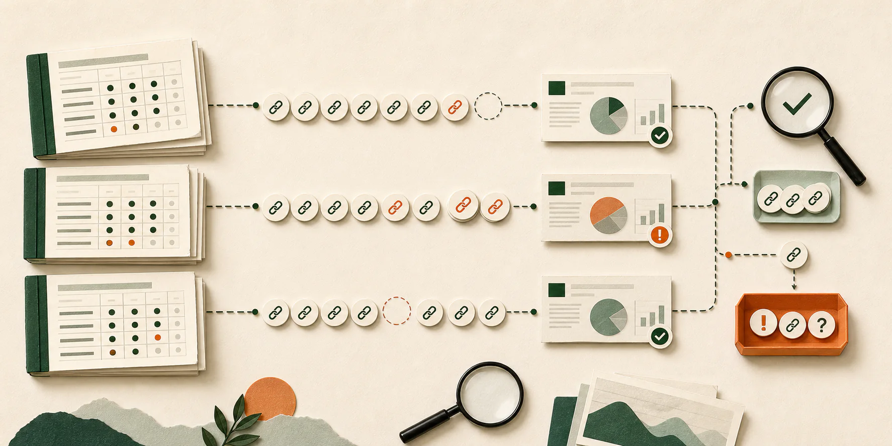 Paper-collage illustration of several reporting ledgers reconciling click tokens while missing and unresolved items remain separated for review.