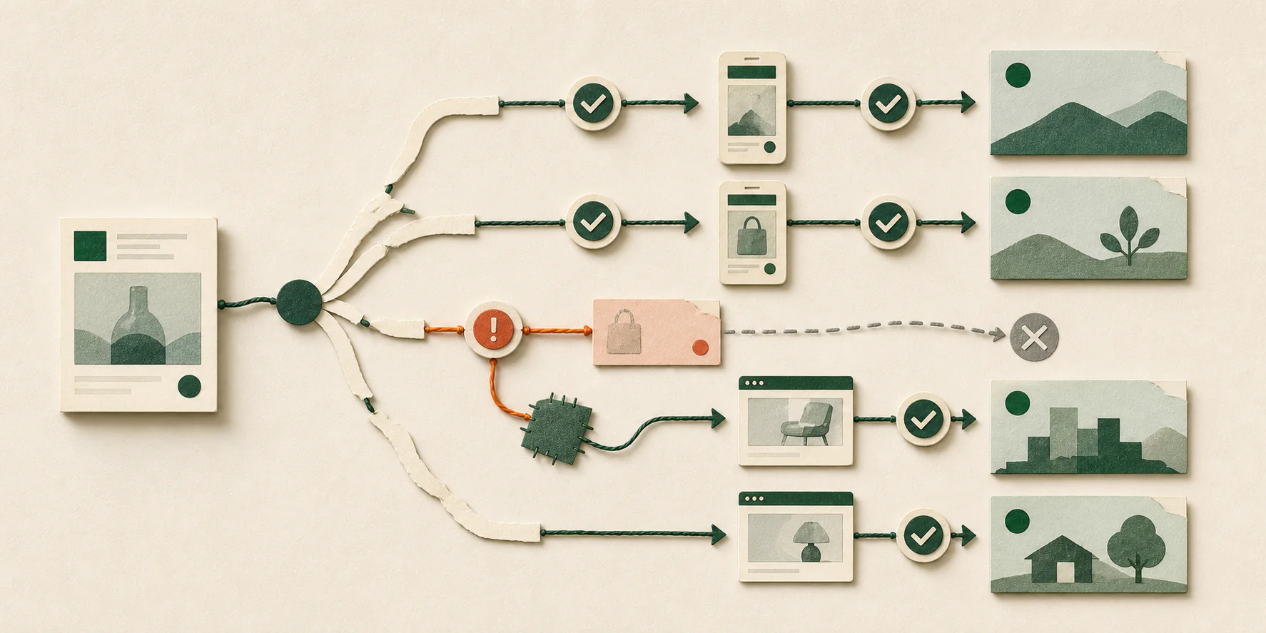 Paper-collage illustration of one published product link moving through regional route checks, a mismatched destination, and repaired handoffs.