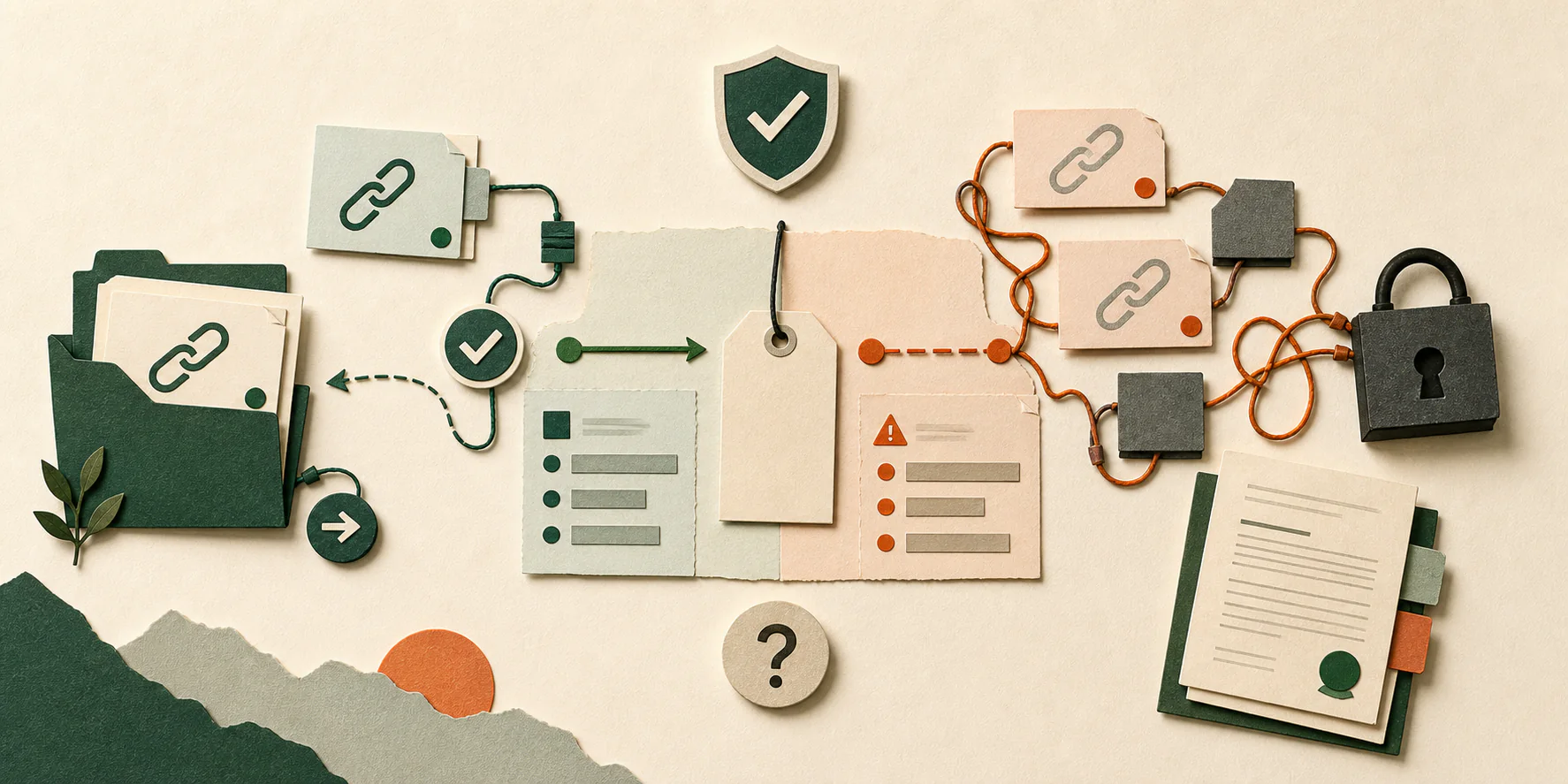 Paper-collage illustration comparing portable and locked link-service paths across ownership, reliability, contract, and exit considerations.